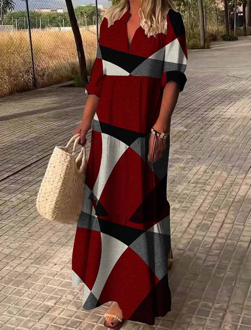 Women Abstract, Geometric, Red, Black DZDN0801 SPU Printed Long Sleeve V-neck Maxi Dress