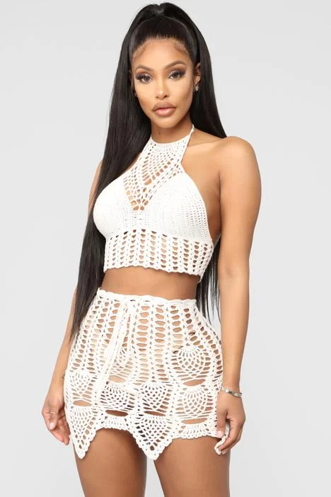 Handmade Crochet 2pcs Set S-5XL High Waist Skirt Halter Top Sets
