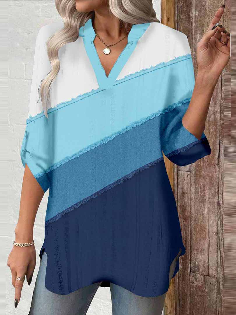 Women Striped, Blue, Patchwork DZGA0050 3/4 Sleeve V-neck Printed Graphic Button Tops