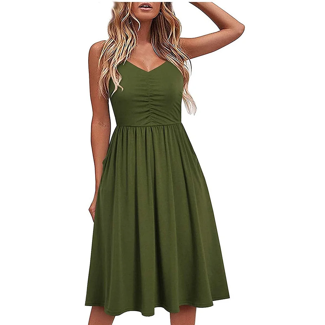 Casual Dress Women 2023 New  Button V Neck Sleeveless Loose A-line Dress Woman Summer Casual Midi Sling Dresses Vestidos