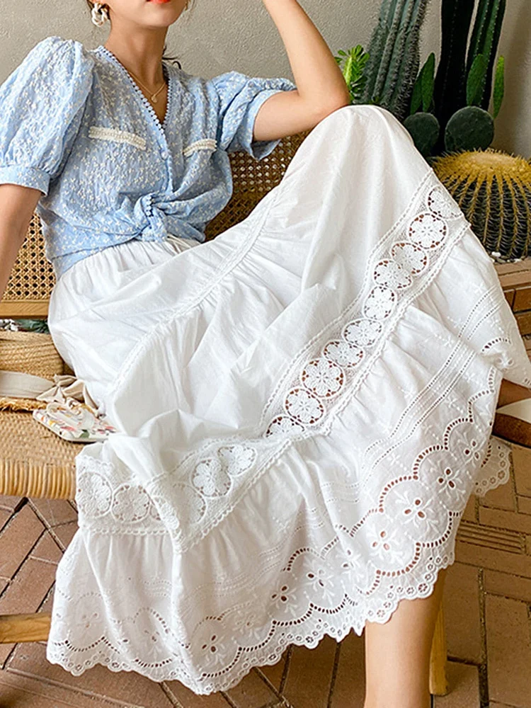 Boho White High-waisted Flower Hollow Out Embroidered Folds Hem Skirt