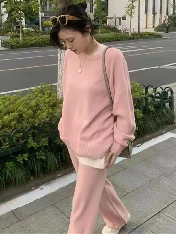 Solid Color Round Neck Casual Knitted Loose Two-piece Suit main image 1