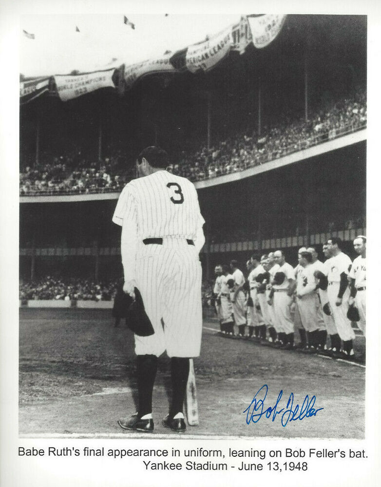 Bob Feller  autographed 8x10 of  Babe Ruth's last NYY Stadium appearance Photo Poster painting*