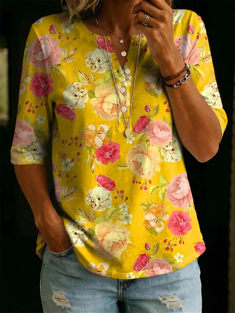 Women&rsquo;s Floral Pattern Art Casual Classic Henley Collar 100% Cotton T-shirt