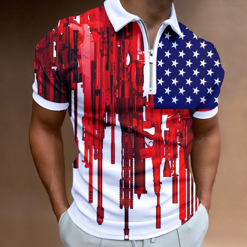 Men's Independence Day printed short sleeved zippered polo shirt PLUSCLOTHESMAN