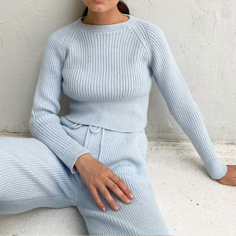 Summer Knitted Sweat Suits Women Matching Sets Long Sleeve Hoodie+wide-legged Pants Loungewear Sweater Set Two Piece Outfits