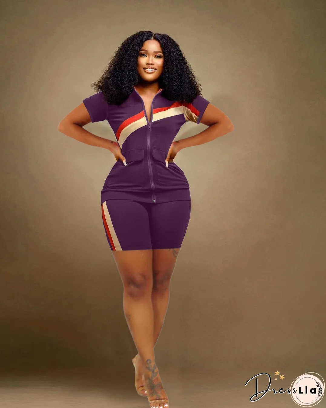 Women's Sports Casual Fashion Zip Pocket Top Shorts Two-Piece Set