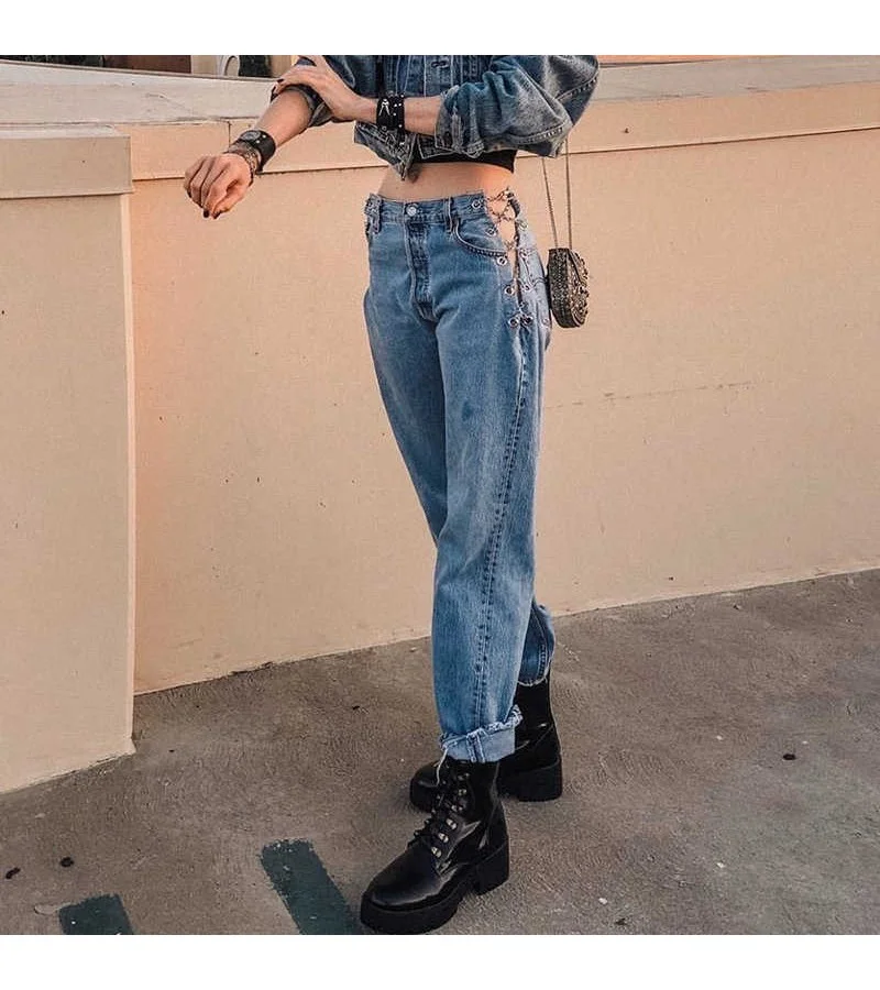 Women Fashion Chain Lace-up Raw Hem Jeans S-L