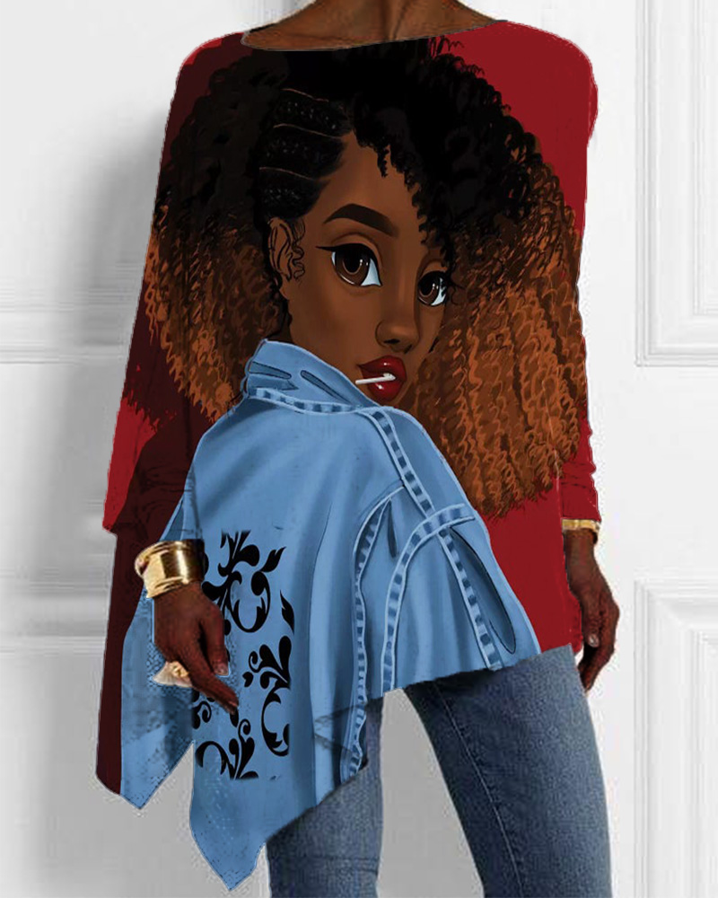 Black Girl Cartoon Personality Print Irregular Hem Ladies Top
