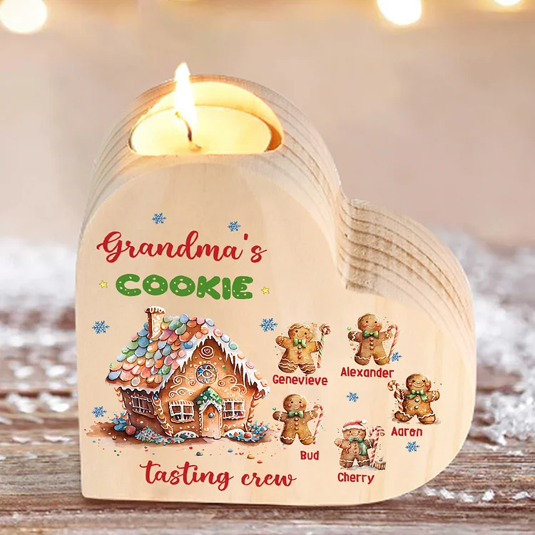 6 Names-Custom Christmas Wooden Candlestick-Personalized Names Cookie Heart Candle Holder Christmas Gift for Family