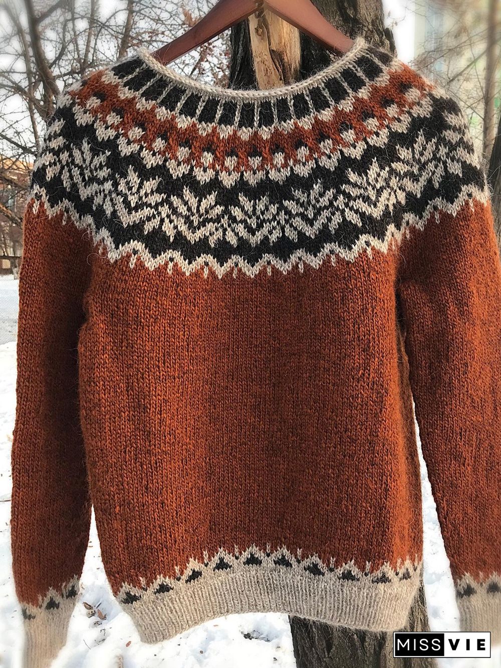 Brown Long Sleeve Vintage Cotton Crew Neck Sweater