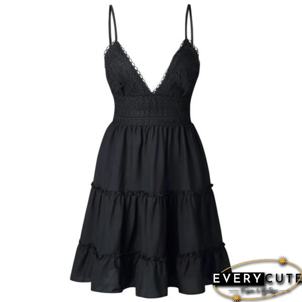 Women Summer Boho Lace V-Neck Sling Mini Dress Solid Color Dress