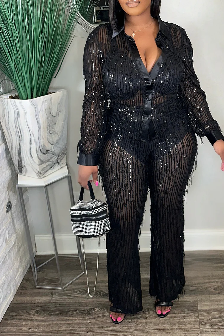 Plus Size Party Pant Sets Silver   Shirt Collar Long Sleeve Strappy Sequin Two Piece Pant Sets [Pre-Order]