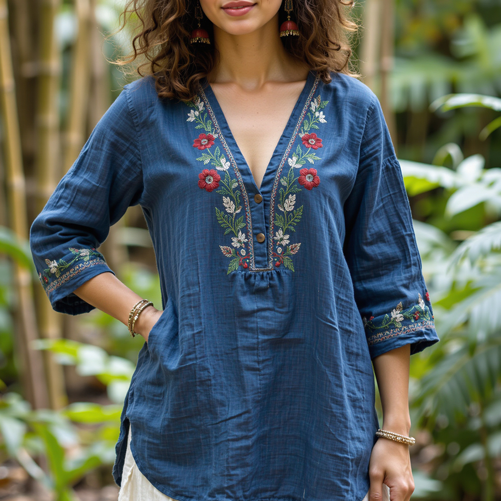 Women's New Casual Embroidery Printed Cotton And Linen Loose Shirt