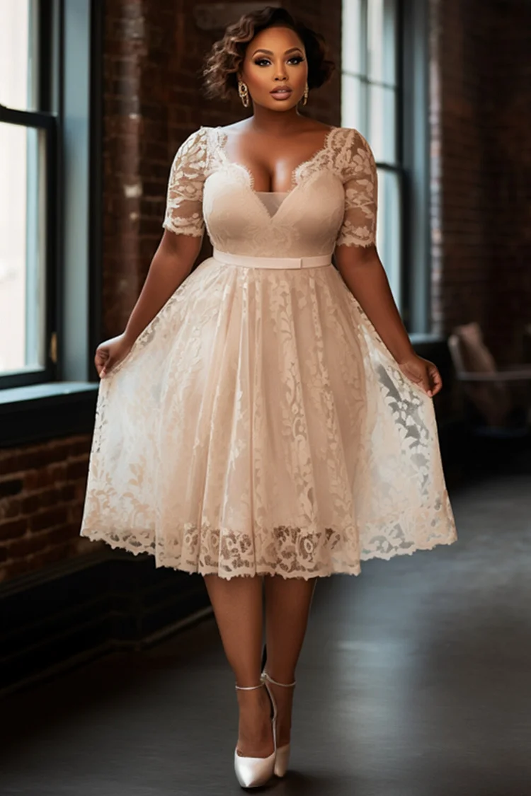 Xpluswear Design Plus Size Wedding White V Neck Short Sleeve See Through Lace Midi Dresses [Pre-Order] 2024 - Xpluswear