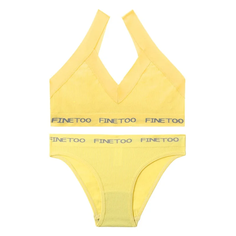 FINETOO Seamless Bra Set Women Deep V Tops Fashion Letter Panties M-XL Ladies Underwear Suit Tube Top Female Briefs Lingerie Set