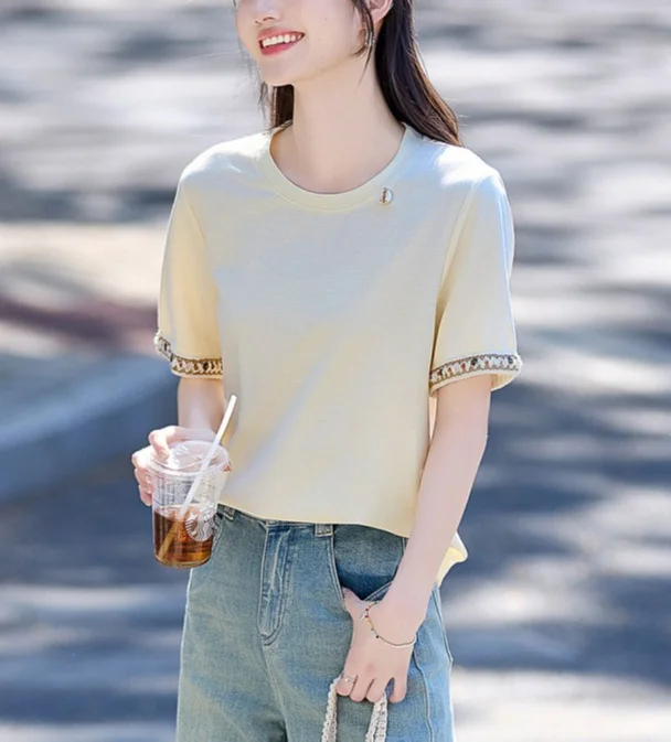 Athvotar Athvotar Cream-Colored Top 25 Years Of Summer New Commute Fashion Design Lace Splicing Loose T-Shirt Girl