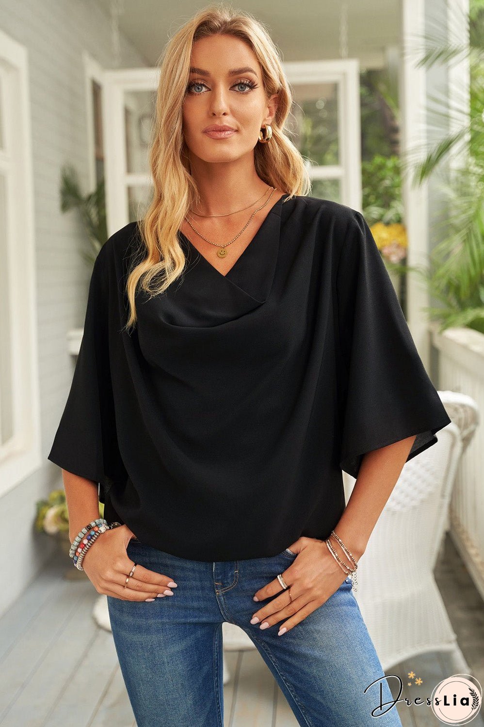 Cowl Neck Three-Quarter Sleeve Blouse
