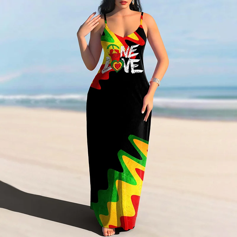 African Color Landscape Love Suspenders Maxi Dress