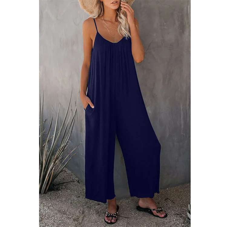 Uveng Sling Summer Solid Sleeveless Color Pocket Casual Jumpsuit