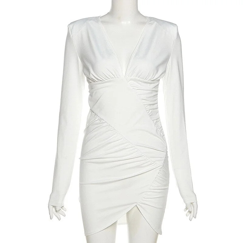 WannaThis Deep V Neck Long Sleeve Mini Dress For Women Ruched Elegant Autumn Office Lady Sexy Bodycon Fashion White Dresses 2021