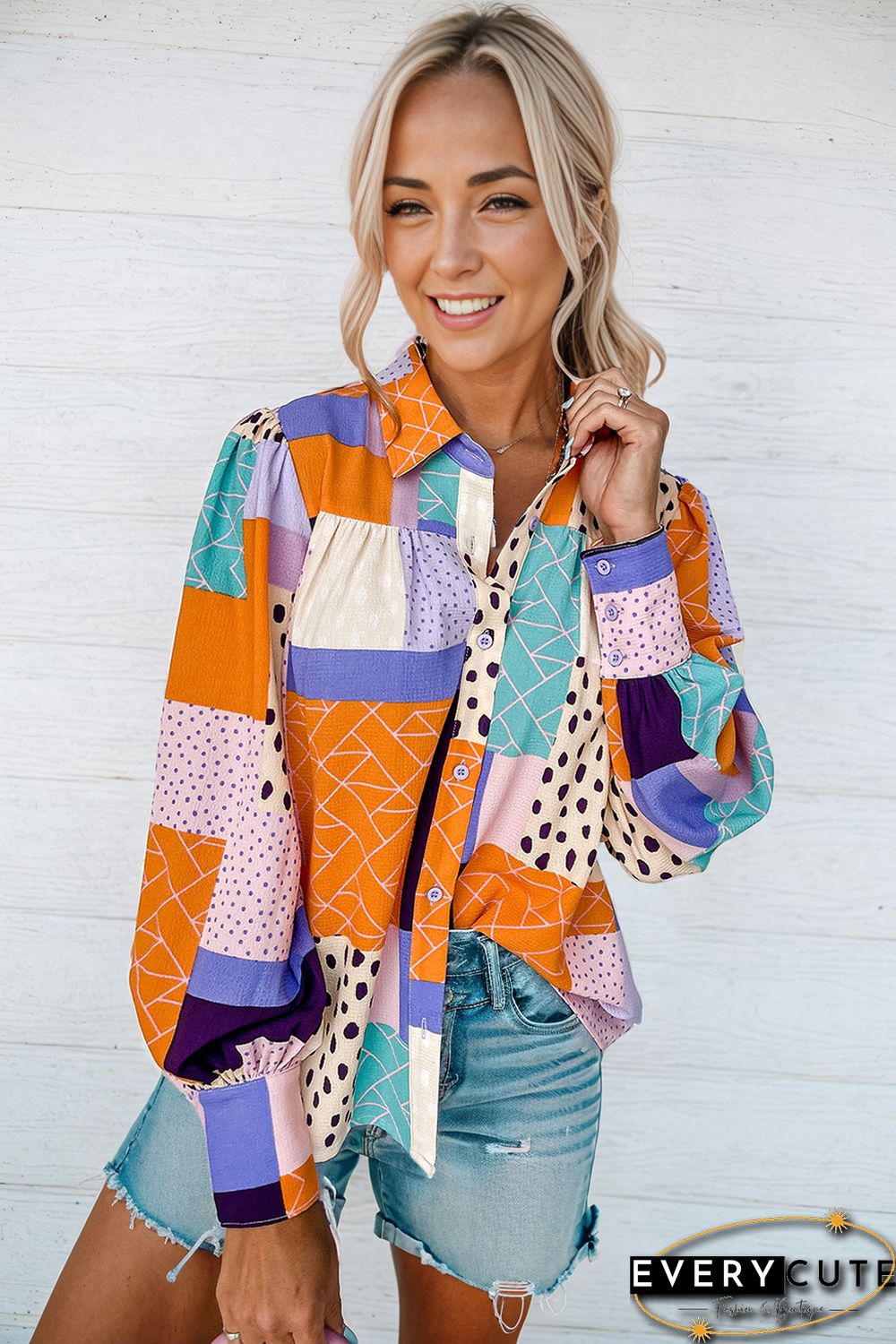 Multicolor Mixed Print Button Front Cuffed Sleeve Shirt