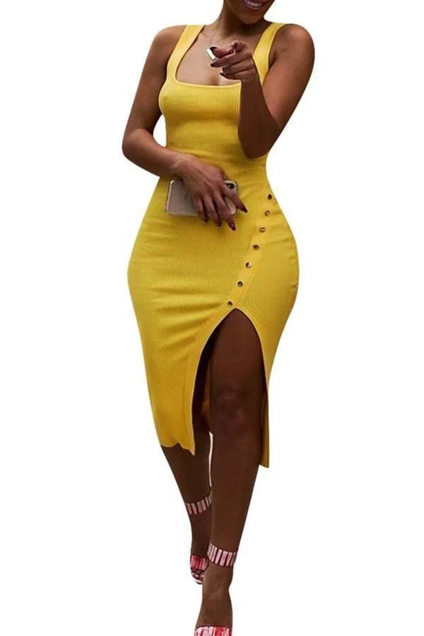 Work U Neck Side Split Yellow Knee Length Dress(With Elastic)