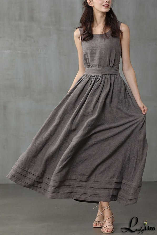 Cross Back O Neck Maxi Linen Dress