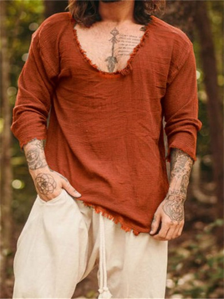 Men's Linen Shirt Casual Shirt Solid Color Plain V Neck Wine Light Grey Gray Outdoor Street Long Sleeve Clothing Apparel Fashion Casual Breathable Comfortable