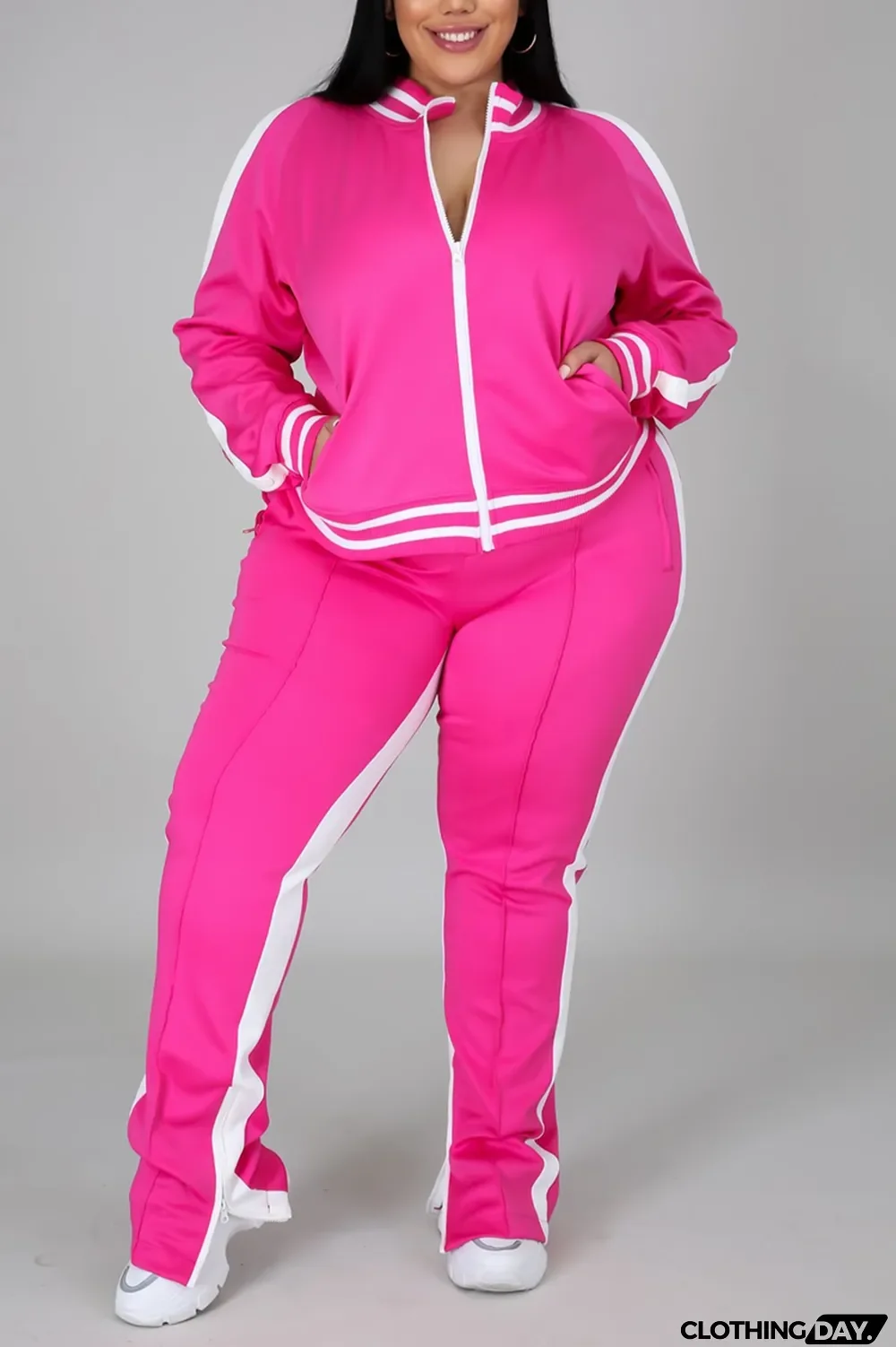 Black Fashion Casual Sportswear Zipper Collar Long Sleeve Regular Sleeve Patchwork Plus Size Set