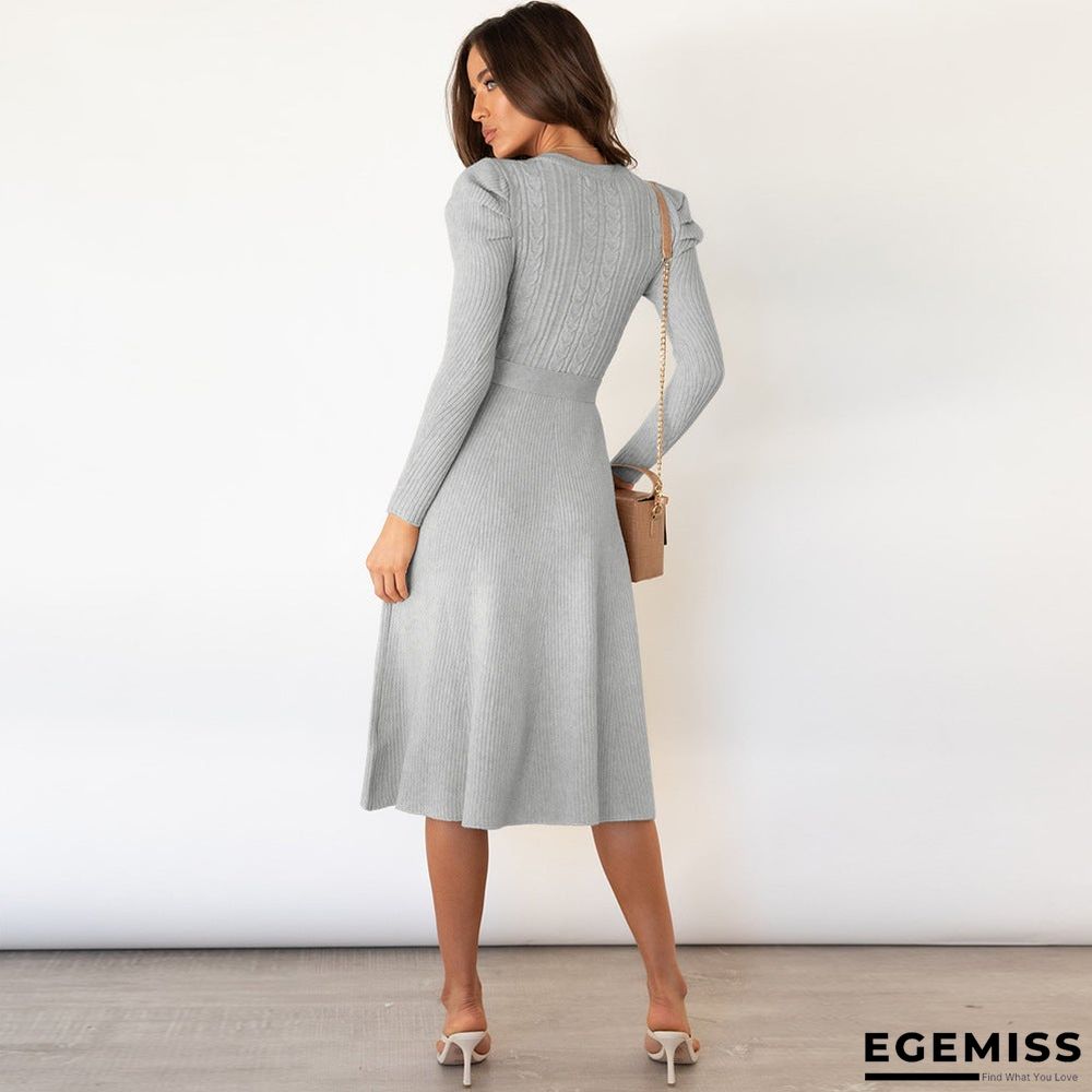 Bubble Long Sleeve Knitted Skirt Medium Long Wool Dress Black Dresses | EGEMISS
