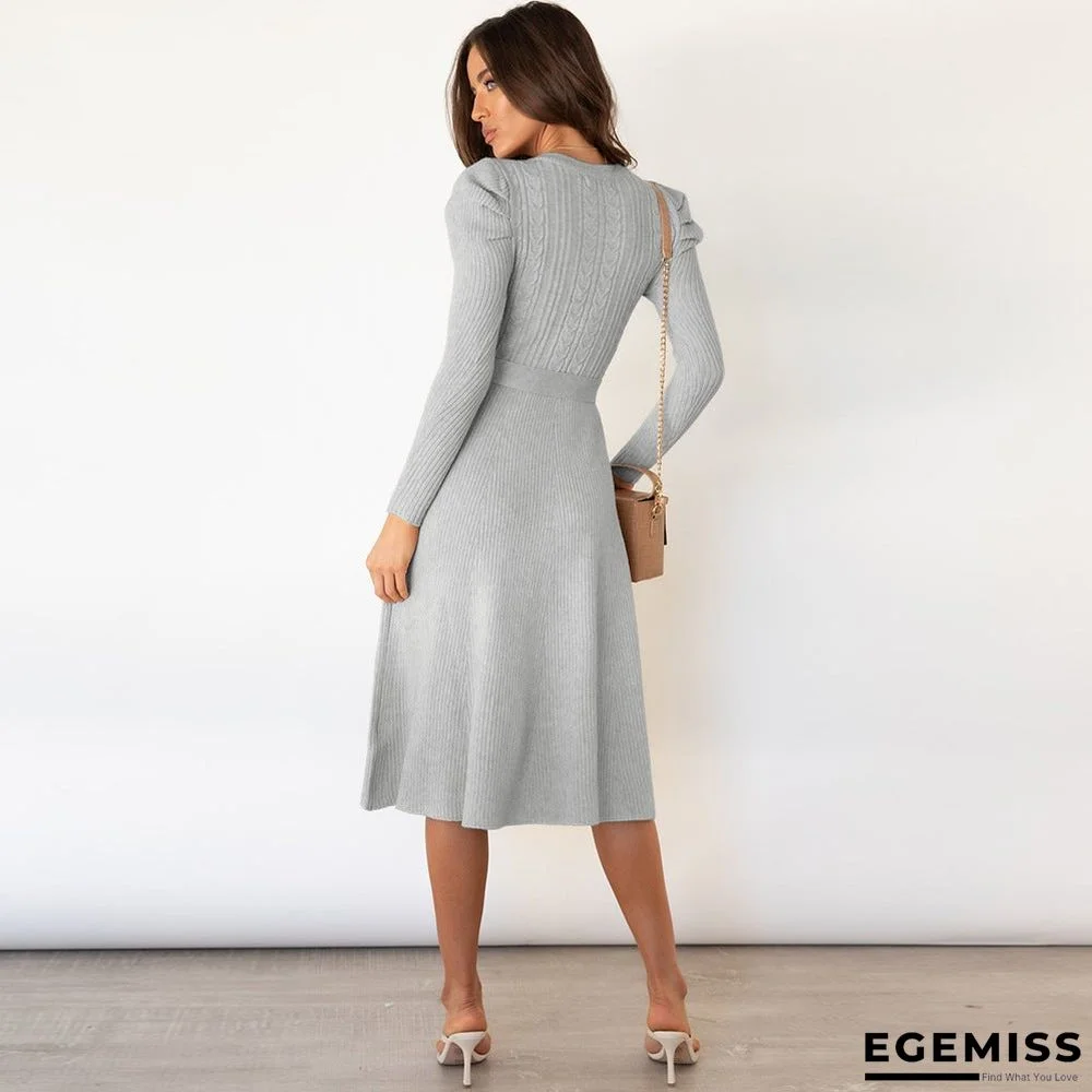 Bubble Long Sleeve Knitted Skirt Medium Long Wool Dress Black Dresses | EGEMISS