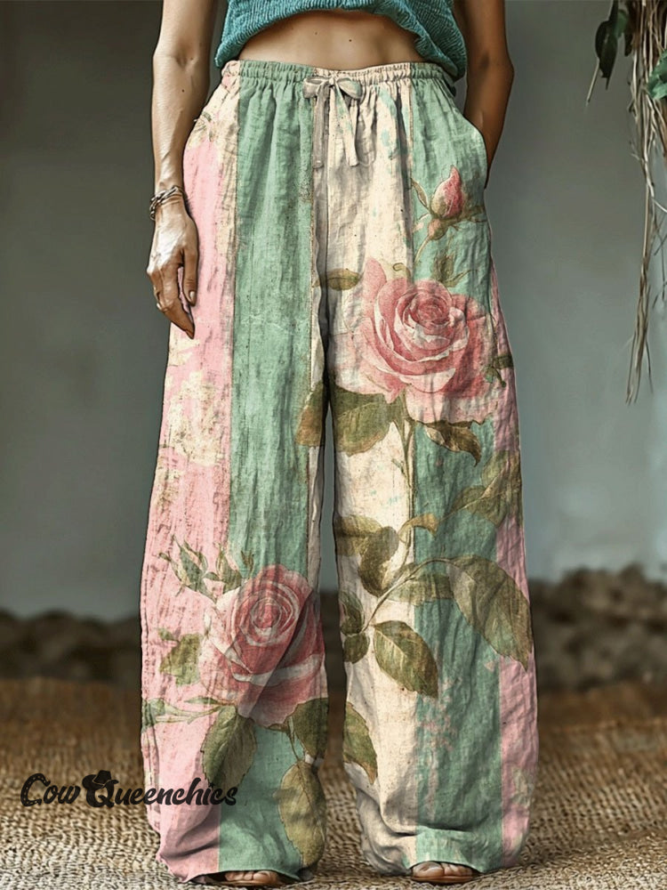 Women’s Retro Art Pattern Printed Cotton And Linen Casual Pants Multicolor / S