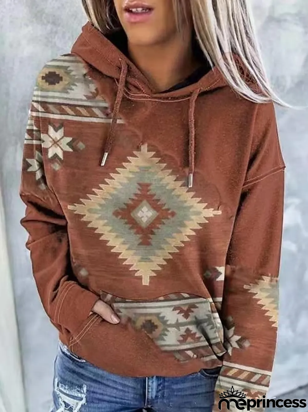 Women's Hoodie Sweatshirt Pullover Geometric Vintage Ethnic Street Casual Front Pocket Red Blue Green Vintage Ethnic Neon & Bright Hoodie Long Sleeve Top Micro-elastic Fall & Winter