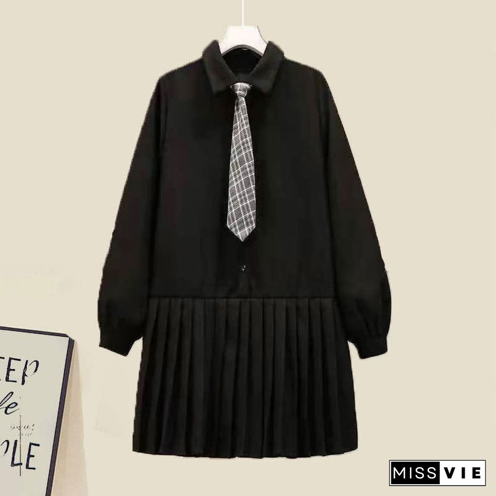 Lapel Tie Pleated Shirt Dress Rhombus Print Vest Two Pieces Set