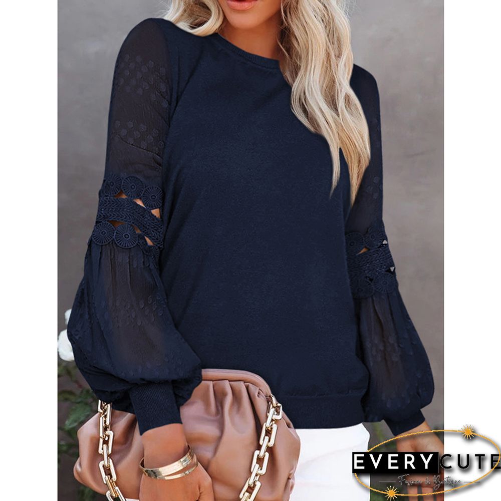Navy Blue Splicing Hollow-out Lantern Sleeve Tops