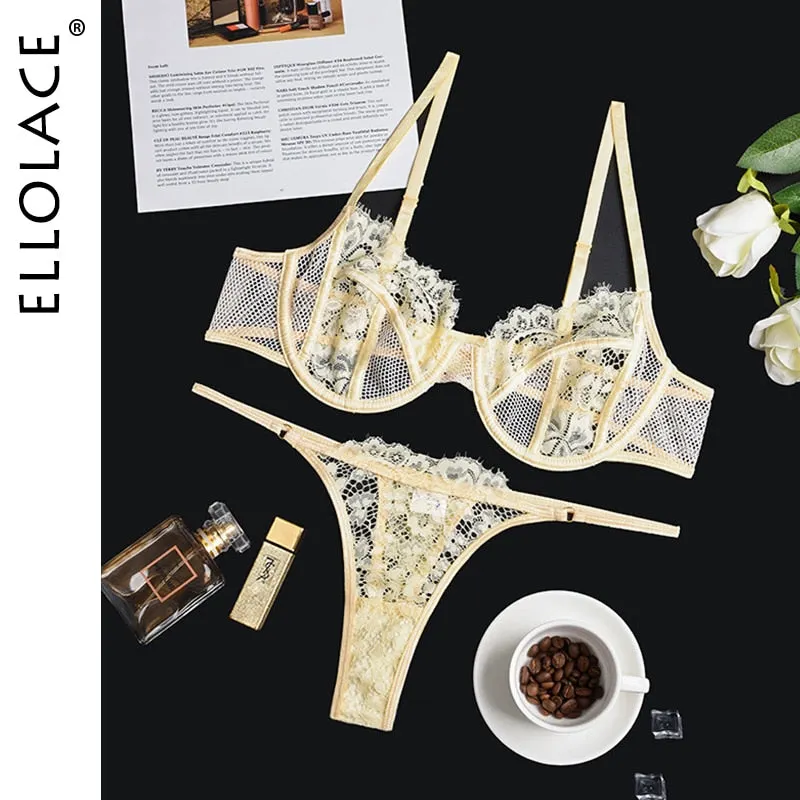 Ellolace Erotic Sensual Lingerie Underwear Women Push up Underwire Bra Brief Sets Solid Lace Setup Ladies Sexy Bilizna Set