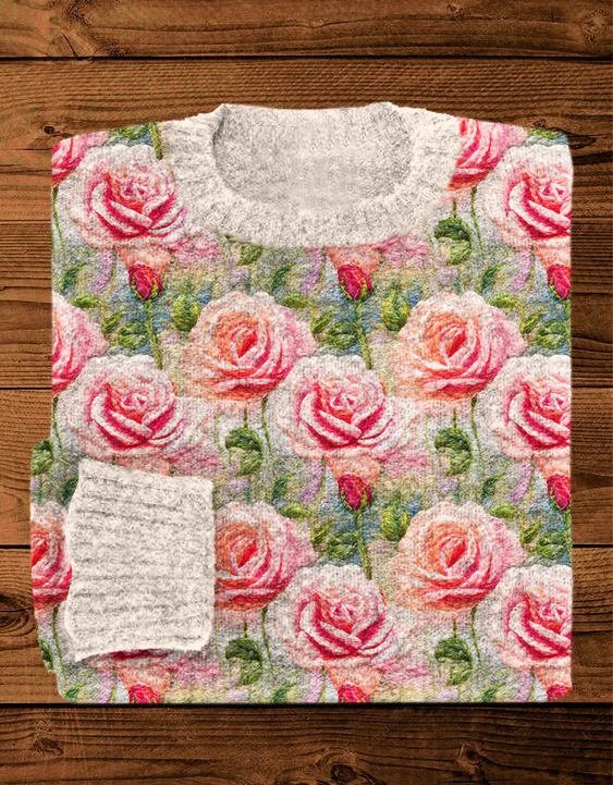 VChics Pink Rose Pattern Cozy Sweater