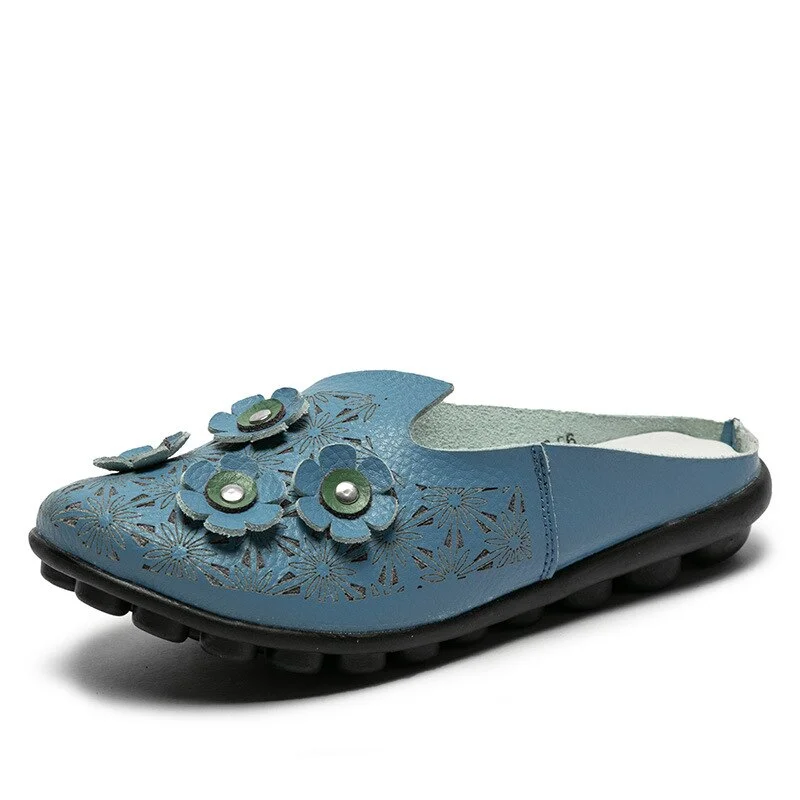 Women Flats Hollow Shoes Slip On Leather Loafers Ladies Shoes Genuine Leather Shoes Korean Style Soft Moccasins Half Slippers