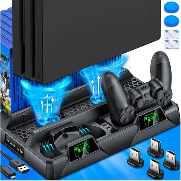 DinoFire PS4 Stand Cooling Fan for PS4 Slim/PS4 Pro, Vertical Stand Cooler with Dual Controller Charge Station-Black