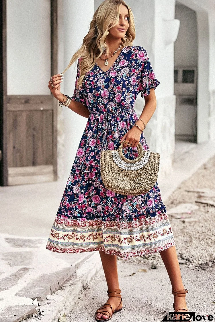 Drawstring V-Neck Short Sleeve Midi Dress