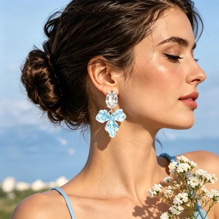 Handmade white flower earrings, silver posts hypoallergenic &ndash; gold petal pendant earrings