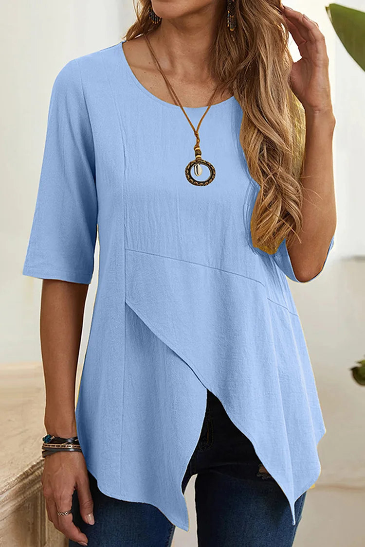 Plus Size Casual Sky Blue Cotton Linen Solid Color Asymmetrical Hem Blouse  Flycurvy [product_label]