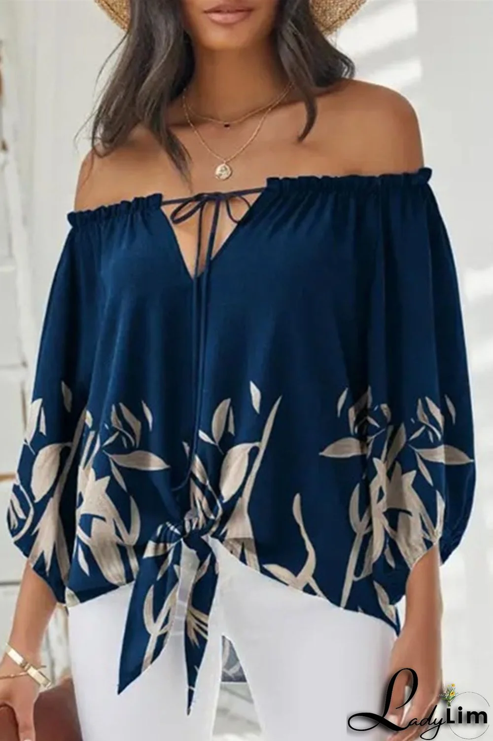 Dark Blue Fashion Casual Print Bandage Backless Off the Shoulder Tops