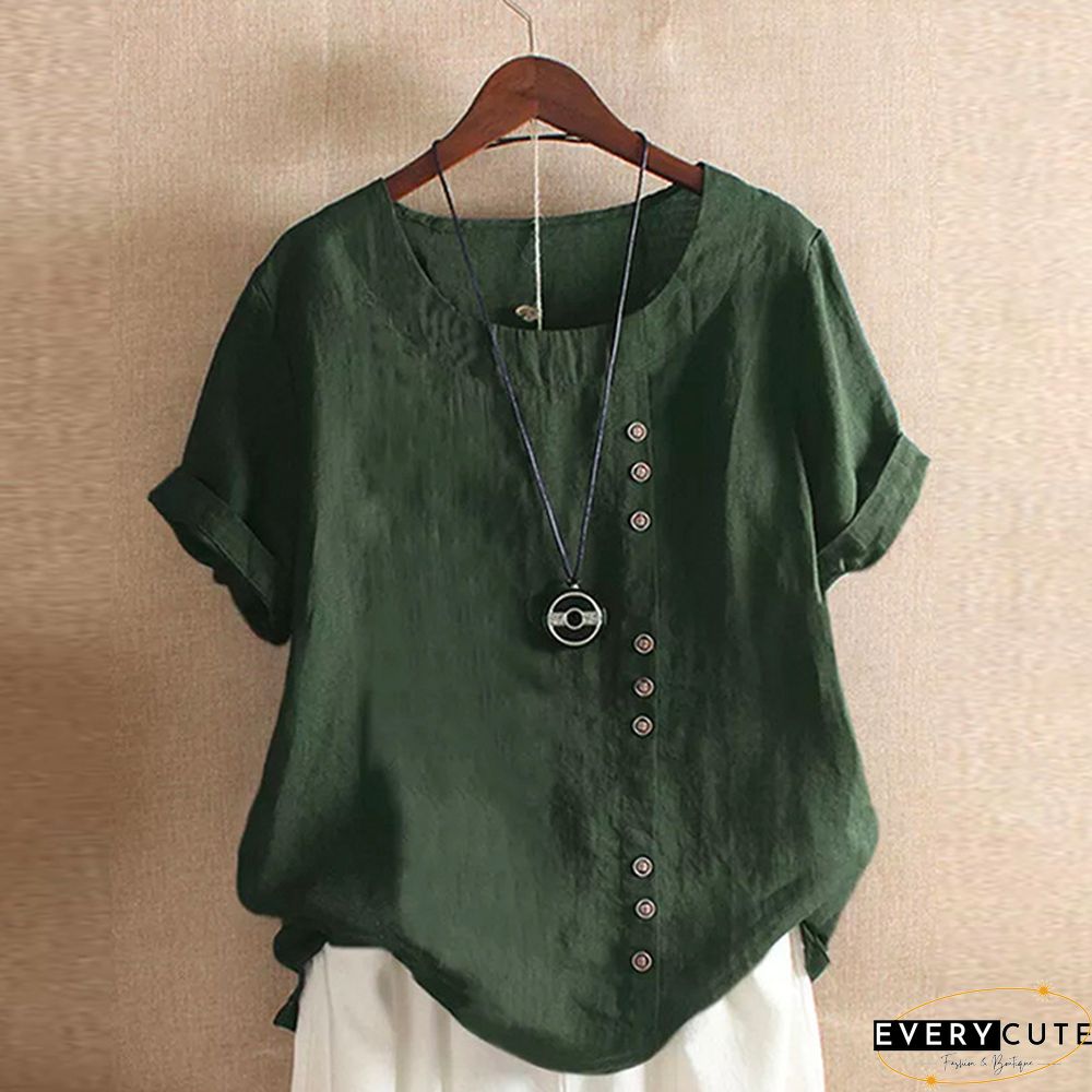 Women's Summer Retro Solid Color Casual Loose Cotton Linen Short Sleeve T-Shirt
