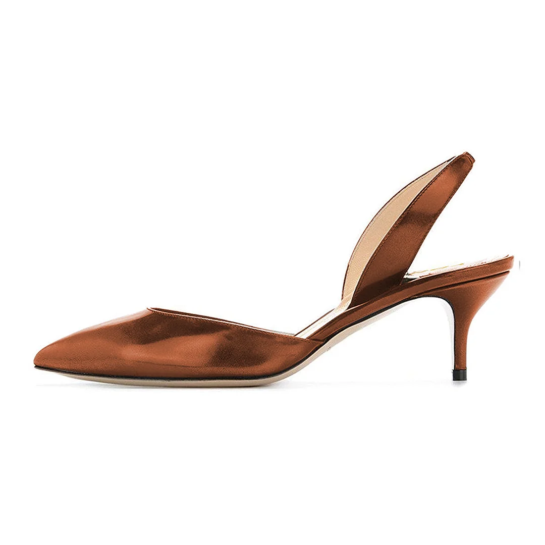 Brown Patent Leather Pointed Slingback Kitten Heel Pumps for Women