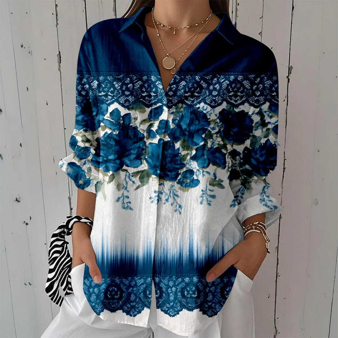 Style & Comfort for Mature Women Women Floral,Blue DZCL0035 3/4 Sleeve Shirt Collar Printed Button Tops
