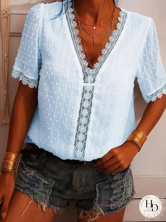 Deep V-neck Embroidered Lace Chiffon Blouse