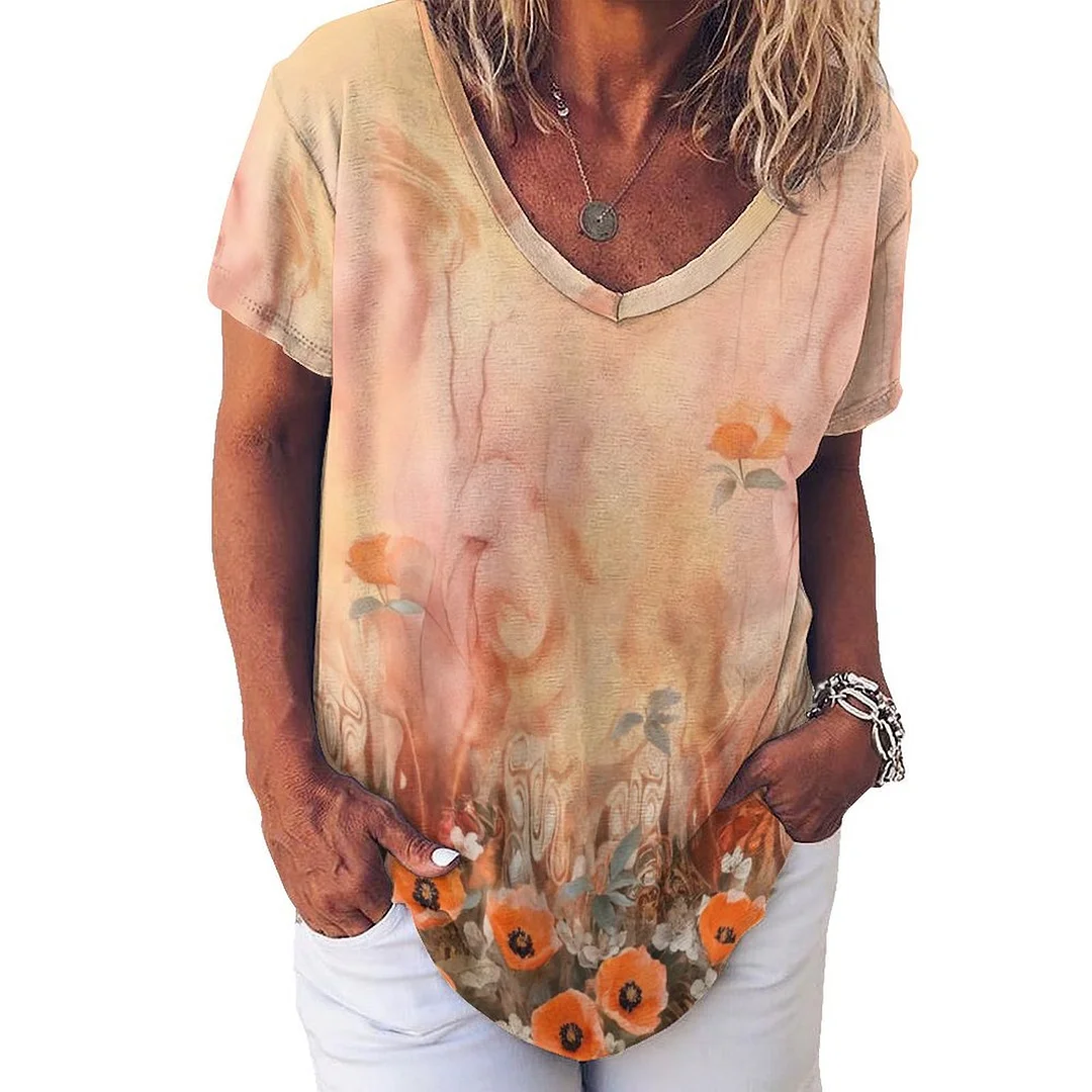 V-neck Short Sleeve Casual T-shirt for  Women Printed with Pattern Floral, Orange