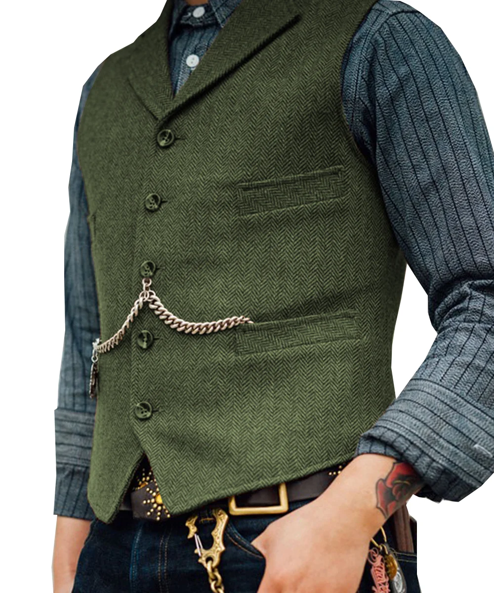 Men's Lapel V Neck Wool Herringbone Casual Waistcoat Formal Groomsman Business Suit Vest For Wedding